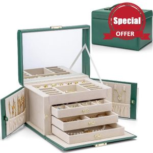 Vlando Large Jewellery Box for Women Lockable Jewellery Boxes with 3 Drawers Jewelry Storage Earrings