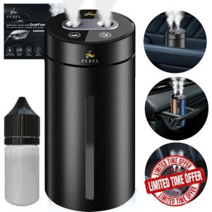 Smart and Rechargeable Car Diffuser | Sleek Designed Mini Humidifier with Nano Atomization Technology | Double Steam Release | Futuristic Design | Enhanced Portable Car Diffuser by Perfa