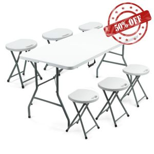 Crystals 5FT White Folding Trestle Table with 6 Foldable Stools - Durable Plastic Table Set for Camping
