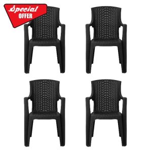 simpa Stackable High Back Plastic Rattan Effect Garden Chairs - Graphite Set of 4