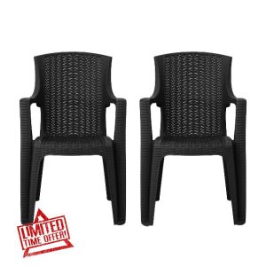 simpa Stackable High Back Plastic Rattan Effect Garden Chairs - Graphite Set of 2
