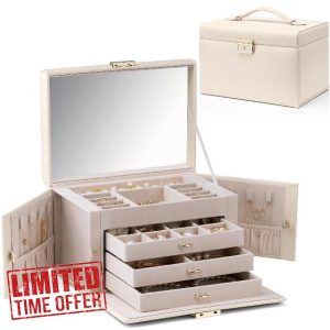Vlando Large Jewellery Box for Women Lockable Jewellery Boxes with 3 Drawers Jewelry Storage Earrings