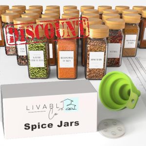 Livabl Bamboo Spice Jars with lids and Labels (120ml 12 pack) Glass Storage Jars with Bamboo Lids