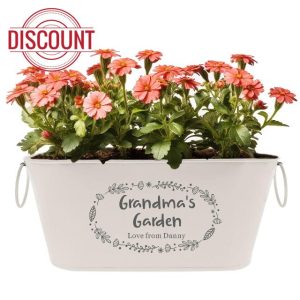 EDSG Personalised Plant Pot Engraved Metal Flower Pot Planter Garden Plant Pots Outdoor with Rings Gardening Gifts for Women Her Nanny Railing Balcony Anniversary Wedding Birthday(White