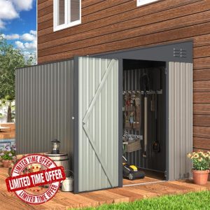 UNIONLINE 6x8ft Lean to Storage Shed | 182x245x203 cm | Metal Garden Shed | Waterproof Tool Shed | 4.4m² 7.6m³ | Lockable Door | Bike Shed for Backyard Patio | Garbage Can | Grey