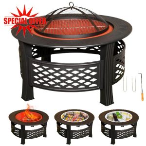 80x58cm Black Steel Garden Patio Firepit Heater BBQ with Waterproof Cover