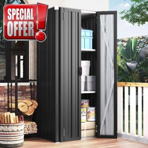 UNIONLINE Outdoor Tall Garden Storage Box | Garden Cupboard & Cabinet | 3 Adjustable Shelves | Metal Garage Storage| 177x55.6x76cm| Grey