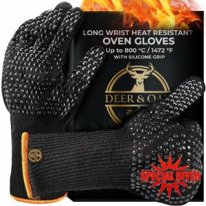 Deer & Oak Long Wrist Heat Resistant Oven Gloves 2 Pairs - Up to 800°C / 1472°F Heatproof BBQ Gloves with Silicone Grip
