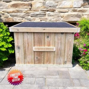 Outdoor Welly Shoe Boot Box. Large Fully Assembled Wooden Outdoor Treated Garden Storage Box. Waterproof doorstep store for footwear storage