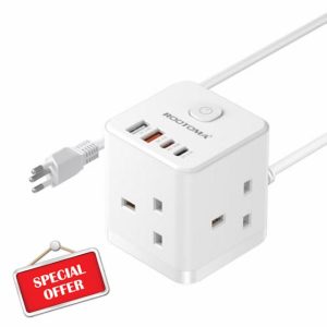 UK to Swiss Plug Adapter with 1.5M Extension Cable 3 Way 4 Fast Charging USB (QC3.0/PD20W) Compact Cube Travel Adapters for UK to Switzerland