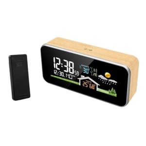 Wooden Weather Station Clock LED Color Screen Digital Thermometer Hygrometer Wireless Indoor Outdoor Temperature Humidity Meter