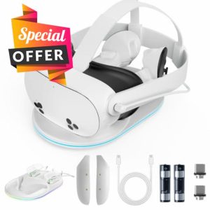 Olycism Charging Dock Compatible with Meta Quest 3S Charging Dock Station Compatible with Oculus 3S Headset and Controller with 2 Rechargeable Batteries Lighting Accessories Charger with Indicato