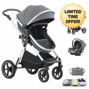 Shineey 3 in 1 Baby Stroller Travel Systems Pushchair Aluminium Frame High Landscape Combined Strollers Lightweight Folding Stroller for Features an Adjustable Push Handle Height Compact Strolle