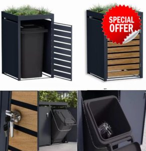 DWD® Garden Single Wheelie Bin Hideaway with Plant Roof 120L / 240L Waste Bin Storage Shed w/Locking Door Outdoor Hygienic Rustproof Dustbin Cover Powder coated Steel Matt Grey RAL7016 Wood Slats
