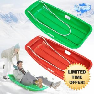 Popolic 2 Pcs Snow Sledge Heavy Duty Snow Sled - 400 LB Load Capacity Skiing Board Durable Toboggan with Pull Rope Adult and Kids Skis Green & Red Snow Skateboard for Outdoor Snow