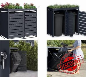 DWD® Garden Double Wheelie Bin Hideaway with Plant Roof 120L / 240L Waste Bin Storage Shed w/Locking Door Outdoor Hygienic Rustproof Dustbin Cover Powder coated Steel Matt Grey RAL7016 Grey Slats