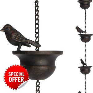 Giilayky Rain Chains for Gutters Mobile Birds on Cups Rain Chimes 8Ft Rain Chimes with Attached Hanger and Birds 2Pcs
