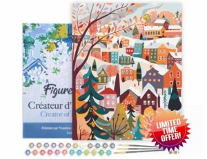 Figured'Art Paint by Number Adult with Colourful Winter Village Frame – Manual Activity Kit DIY Art Number – 40 x 50 cm Stretched Canvas on Frame
