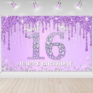 Avezano Sweet 16 Birthday Banner Glitter Purple Diamonds Sweet 16 Party Decorations Sweet 16 Backdrop for Girls' Sweet 16 Birthday Sweet Sixteen Party Supplies 70.8 x 43.3 Inch