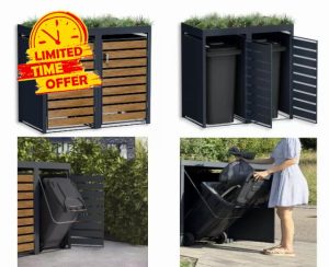 DWD® Garden Double Wheelie Bin Hideaway with Plant Roof 120L/240L Waste Bin Storage Shed w/Locking Door Outdoor Hygienic Rustproof Dustbin Powdercoated Steel Matt Grey RAL7016 with Wood Effect Doors