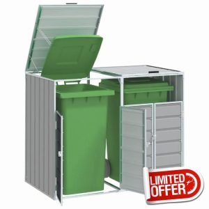 qohoio Wheelie Bin Storage for Double Bins Grey 144x81x113 cm Steel-Garden Wheelie Bin Hideaway Waste Bin
