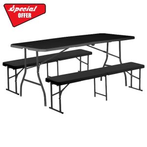 Harbour Housewares Folding Camping Picnic Table & Bench Set - 180cm (6ft) - Black - 4pc Foldable Portable Outdoor Garden Dining Furniture