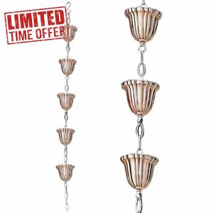 Pineeseatile Rain Catcher Copper Rain Chain 39in Japanese Movable Hanging Rain Chains with 5 Cups Building Protection Rustproof Decorative Outdoor Garden Rain Catche