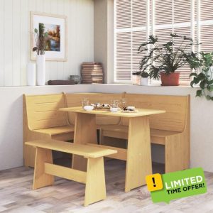 LAPOOH Dining Table with Bench in Solid Pine Brown