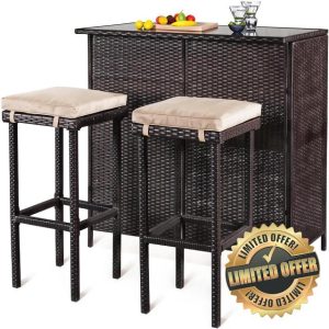 Gr8 Garden 3 Piece Brown Outdoor Patio Rattan Wicker Bar High Table 2 Stool Chairs Backyard Balcony Poolside Bistro Furniture Set with Hidden Storage Shelves