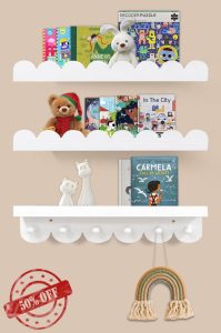 Iswabard Floating Nursery Book Shelves with Hooks-Scalloped Wall Book Shelves for Bedroom Kids Set of 3