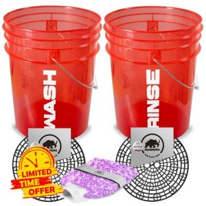 5pc Detailing Car Wash Bucket Set With Wash Guards for Scratch Free Car Cleaning. Includes Microfibre Washmitt. (Red)