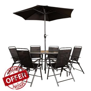 Samuel ALEXANDER Outdoor 6 Seater Glass Top Table and Chairs Patio Set with Parasol in Black