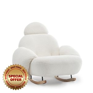 Comfy White Boucle Accent Rocking Chair with Solid Wood Rockers & Head Support - Large Round Living Room Lounge Snuggle Armchair for Nursery