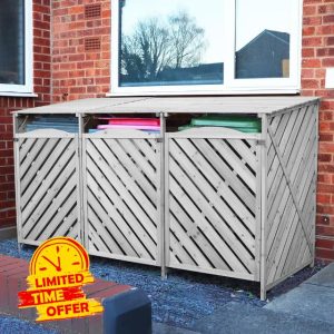 Jack Stonehouse Triple Wooden Bin Store | Large Outdoor Garden Wheelie Bin Storage for 3 Bins | Lift Lid | 218cm x 122cm (Grey)