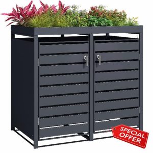 Double Wheelie Bin Steel Storage with Planter Roof - Anthracite Outdoor Trash Can Storage - Size 80D x 132W x 124H centimetres