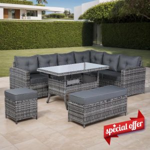 ULTRALAX Garden Furniture Right Hand Corner sets with Dinning Table in Grey Rattan Weave
