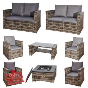 8 Seater Rattan Garden Furniture Corner Sofa Set Lounger Patio Weaving Wicker Conservatory Set 4 Armchairs 2 Double Seater Sofa 1 Fire Pit 1 Glass Dining Table & Cushions For Indoor | Outdoor Sittings
