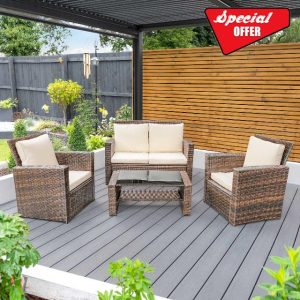 Harrier Rattan Garden Furniture Set – 4 Seater Garden Sofa & Table – Outdoor Patio Furniture with Optional Furniture Cover [Brown & Cream] (Without Cover)