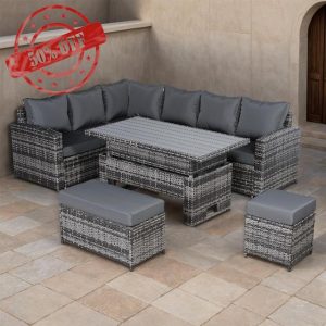 ULTRALAX Garden Furniture LEFT Hand Corner Sofa Set With Rising Table In Grey Rattan Weave