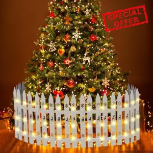 Sasylvia Christmas Wooden Tree Fence with LED String Light Xmas Wooden Picket Fence Holiday Indoor Garden Fence for Christmas Tree Garden Grass Lawn Party Decorations(Height 16 inch