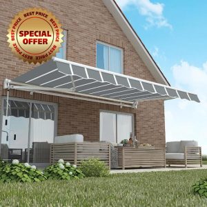 Primrose 4.0m Manual Awning - Pin Stripe Grey Mayfair DIY Patio Awning Gazebo Canopy (13ft 1") Complete with Fittings and Winder Handle