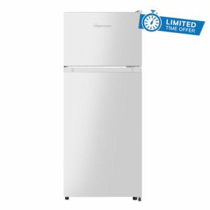 Fridgemaster MTM48120E 48cm Freestanding Top Mounted Fridge Freezer - 124-litre capacity with Adjustable Thermostat - Reversible Door - LED Lighting- 4 Star Freezer Rating - White - E Rated            [Energy Class E]