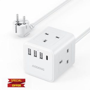 UK to European Plug Adapter with 1.5M Extension Cable