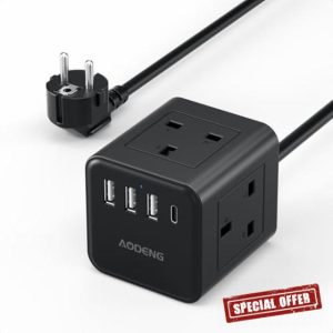 UK to European Plug Adapter with 1.5M Extension Cable