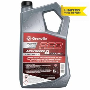 Granville Rapid Cool Red Antifreeze Concentrate – 5L | Long Engine Protection | Anti-Freeze Engine Coolant Organic Acid Technology (OAT) | BS: 6580:2010 Compliant | Ethylene Glycol-Based Coola