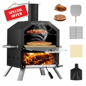 PIZZELLO Outdoor Pizza Oven Wood Fired 2-Layer Pizza Maker with Pizza Stone Pizza Peel Cooking Rack Waterproof Cover Folding Legs Outside Pizza Ovens for Camping Backyard BBQ (26 Inch)