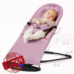 FK Sports Baby Bouncer Swing Chair Baby Rocker Adjustable for Newborn Kids with 3 Recline Position from Birth to 6 Months Soft Material Padded Neckrest Non-Slip Elements with Light and Music (Pink)