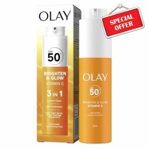 Olay Vitamin C Brighten & Glow 3in1 Moisturising Fluid SPF50+ Hydrating Skincare Moisturiser and Primer with Niacinamide
