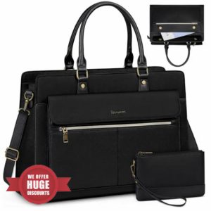 RAINSMORE Laptop Bags Handbags for Women 15.6 Inch PU Leather Large Tote Bag Work Bag with Clutch Bag Designer Women's Bags Ladies Laptop Handbag for School Black