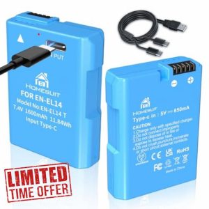 Homesuit EN-EL14/EN-EL14a Direct Charge Battery 1600mAh and 2-in-1 Type-C Charging for Nikon D5600/D3300/D3500/D5100/D5500/D3100/D3200/D5200/D5300/Coolpix P7000/P7100/P7200/P7700/P7800 camera (2-pack)